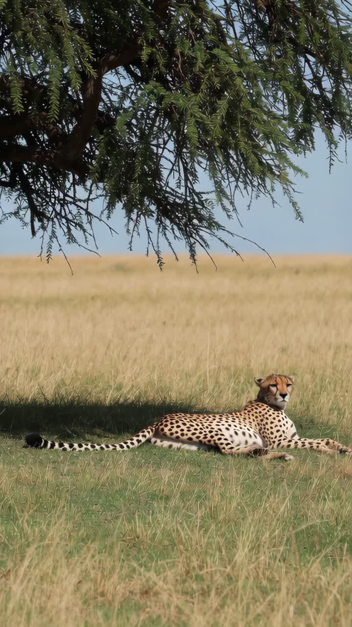 Cheetah resting under a tree in the African savanna