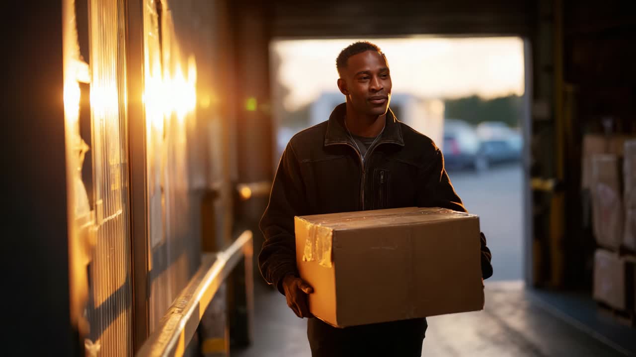 A dedicated worker carries a cardboard box through a dimly lit warehouse, showcasing determination and focus as the warm sunlight streams in, illuminating his path and emphasizing the hard work involved in logistics
