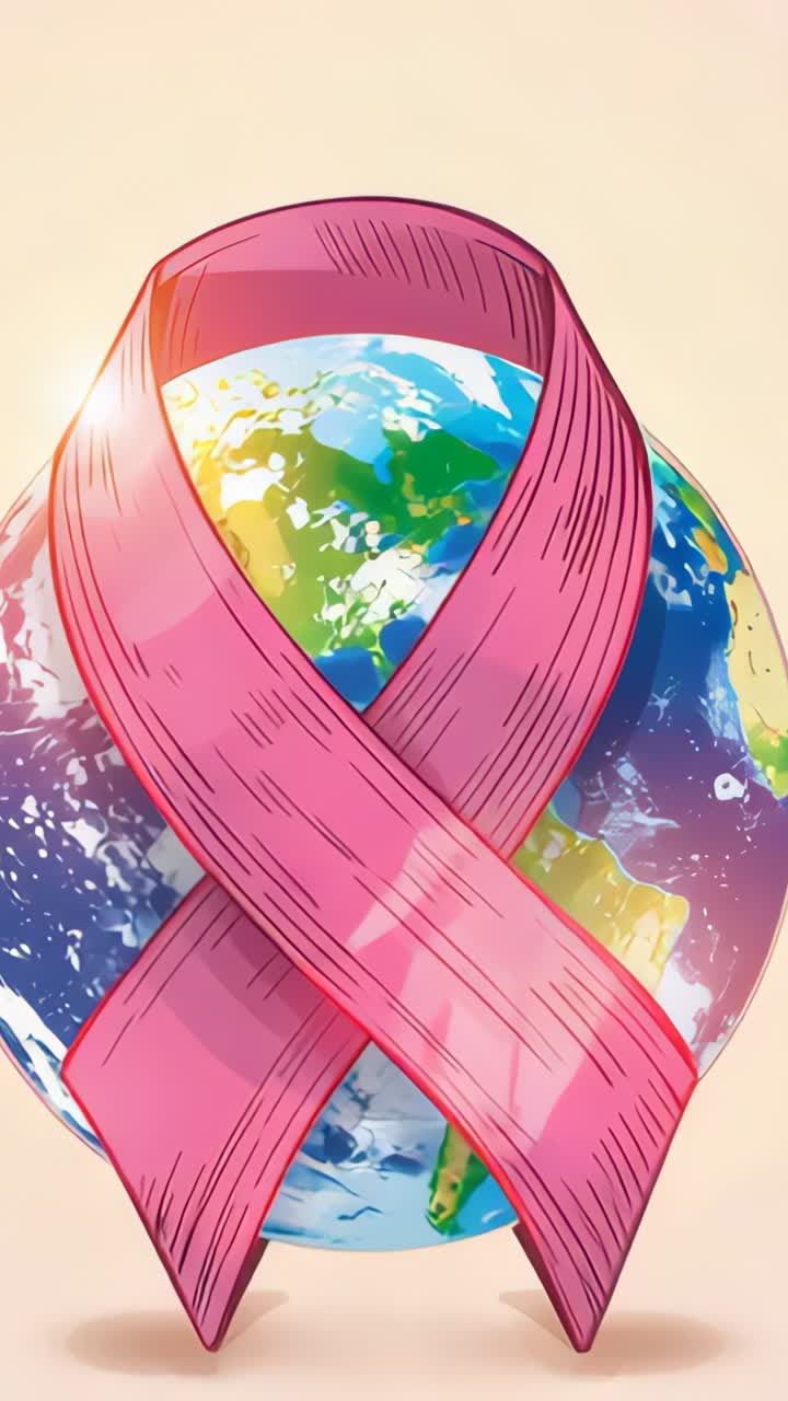 Video verticale: globo rotante con nastro rosa su sfondo beige che rivela un lens flare