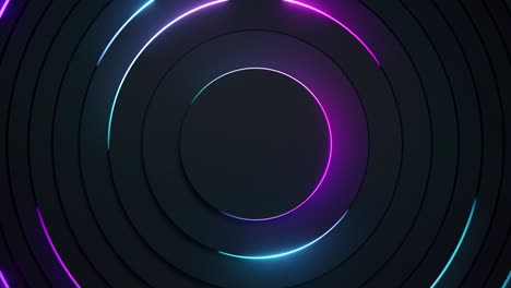 fondo de neón radial abstracto. líneas de neón láser se mueven en un círculo a lo largo de una geometría circular oscura. fondo de tecnología conceptual. espectro de luz púrpura azul. animación 3d de bucle sin costuras
