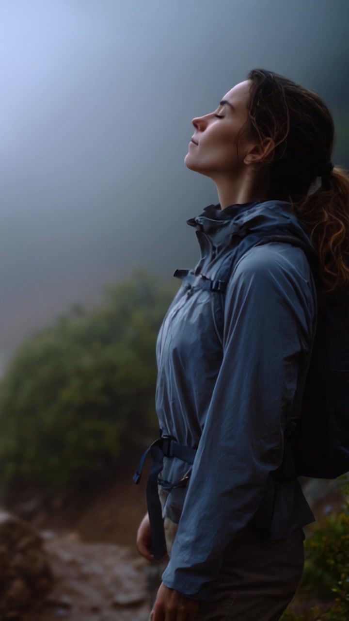 Una donna contemplativa con una giacca grigia si erge in un paesaggio nebbioso, immersa nei pensieri mentre è circondata da una vegetazione lussureggiante e avvolta in una nebbia serena