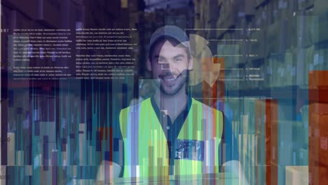 Animation-of-data-processing-over-caucasian-male-worker-holding-a-delivery-box-smiling-at-warehouse