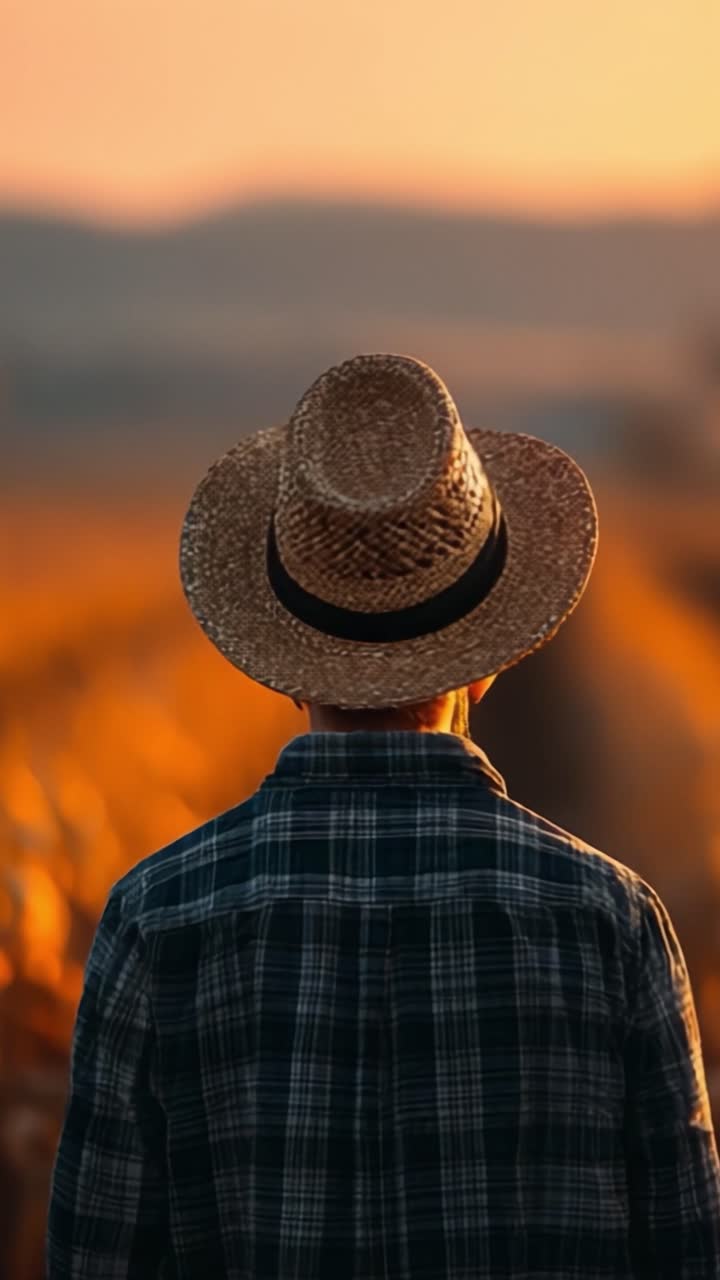 A serene farmer watches the golden fields at sunset, embodying the connection between nature and agriculture, reflecting on the day's work in a tranquil evening glow