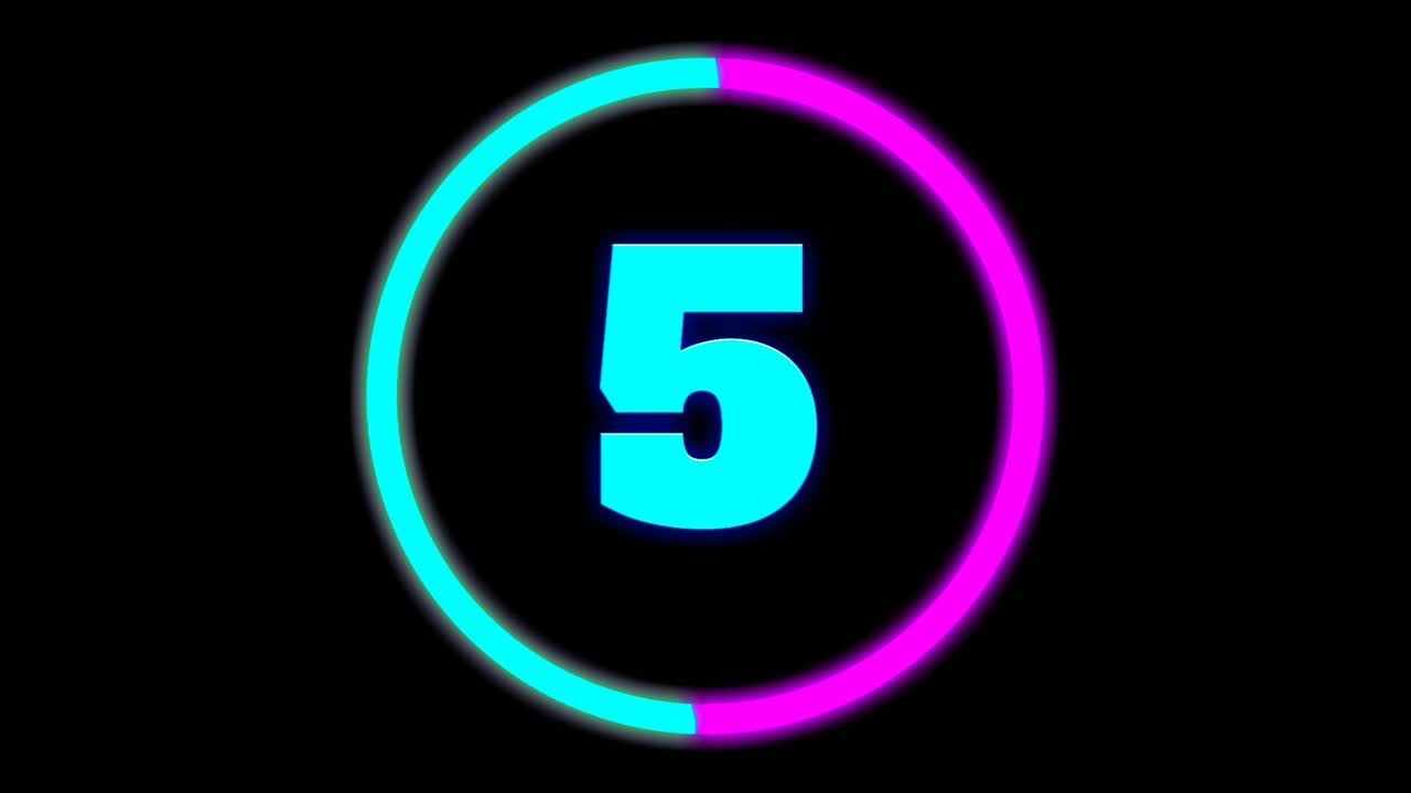 Countdown neon sign animation number 10 to 1 with rotating circle on black background.4K