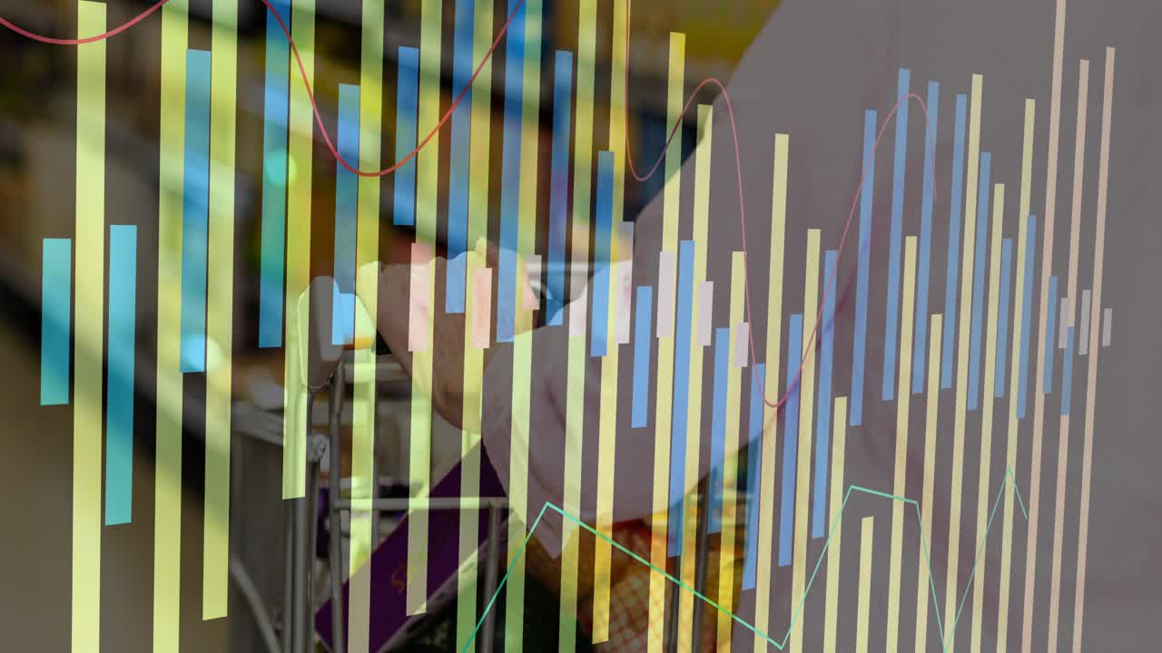 Senior female shopper pushing cart down grocery aisle, initiating vertical bars and line graphs