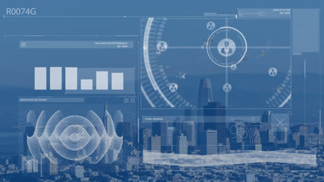 animation of financial data processing over cityscape