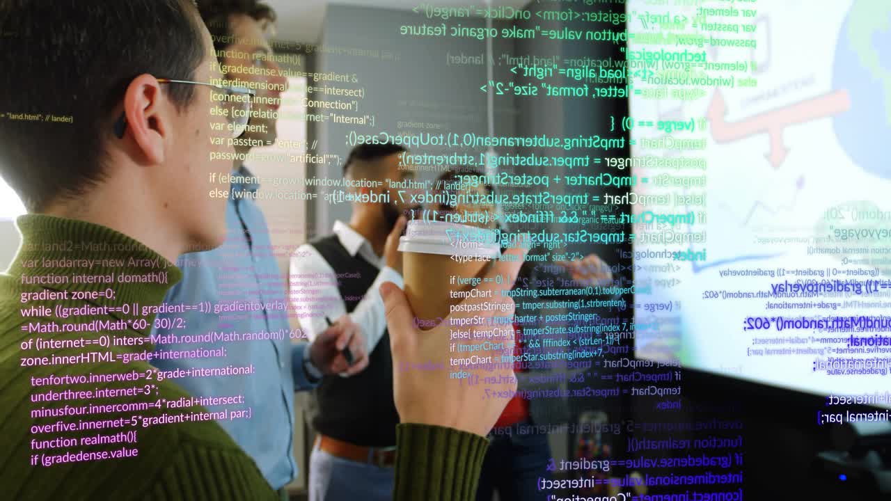 UX designer entering with coffee, smartphone initiating tech discussion on chart, code overlays