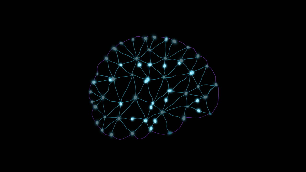 Animation of human brain with connections data processing over black background