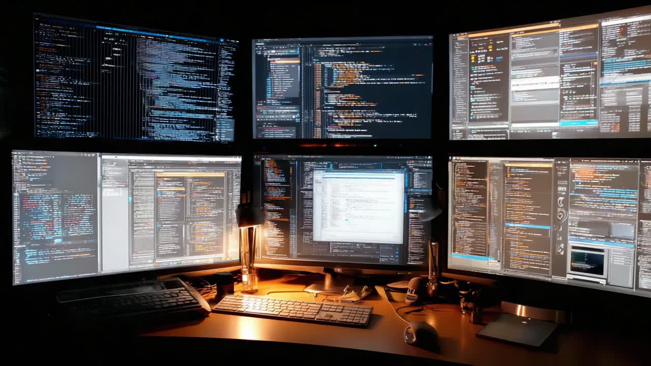 Complex Programming Analysis: A Detailed View of Multiple Monitors Displaying Lines of Code and Development Tools in a Dark Workspace Setting