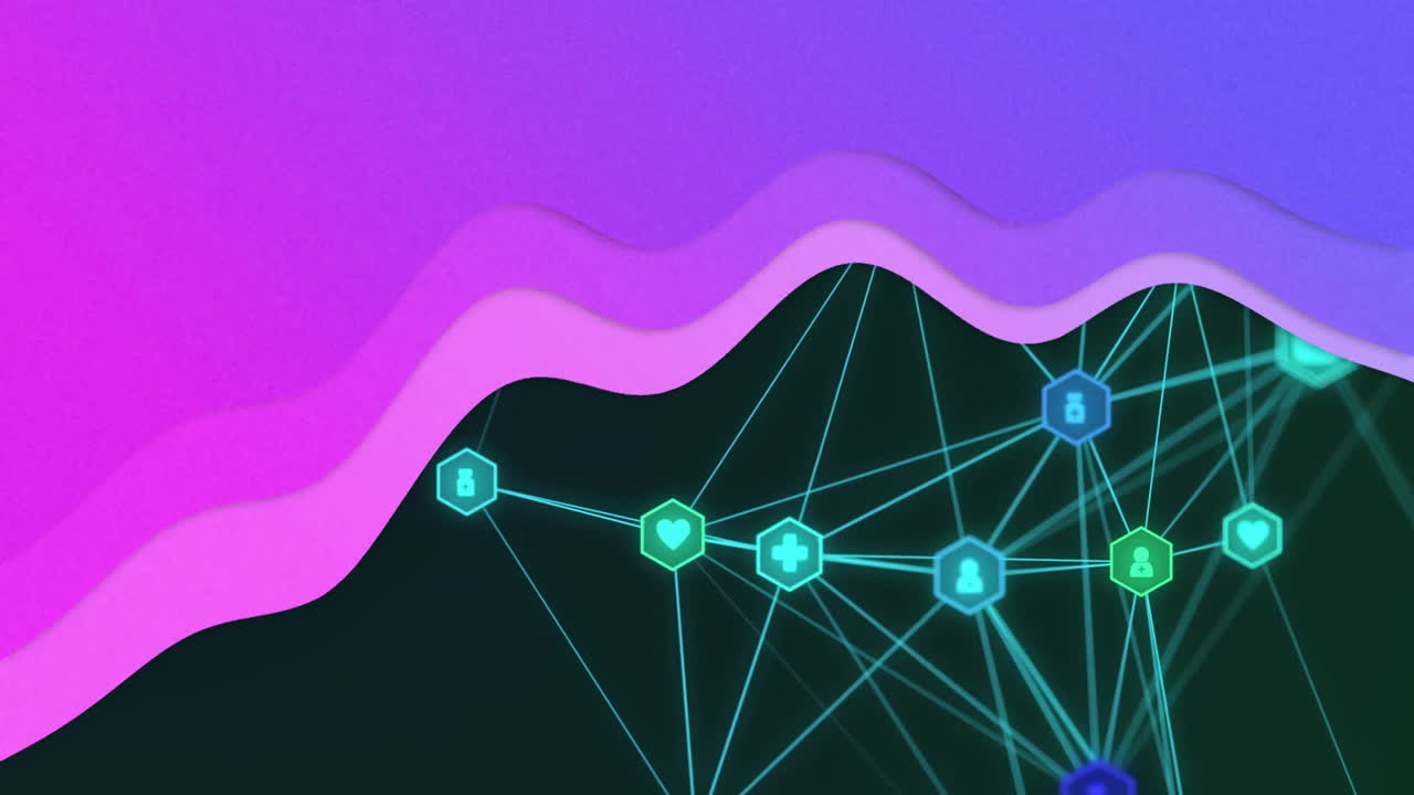 Animation of health icons with abstract network connections under vibrant pink waves