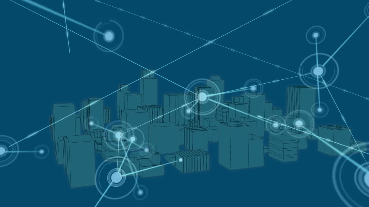 Animation of network of connections and data processing over city on blue background