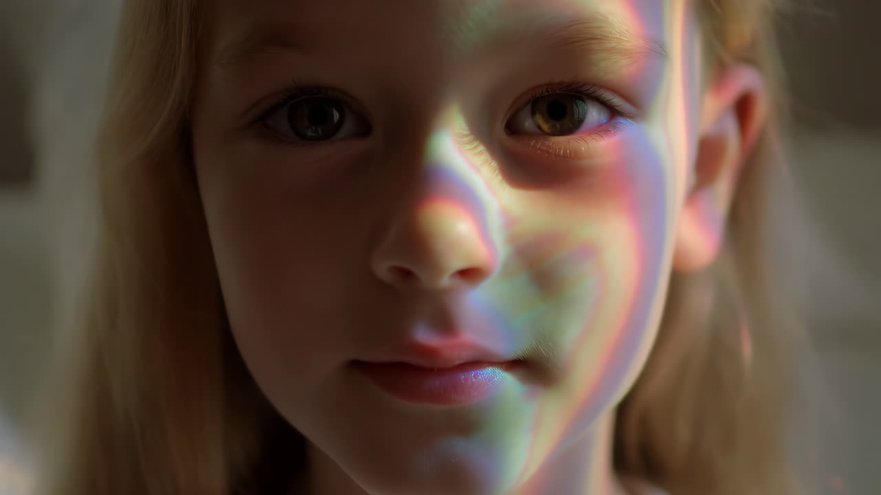 Portrait of a young girl with rainbow light on her face