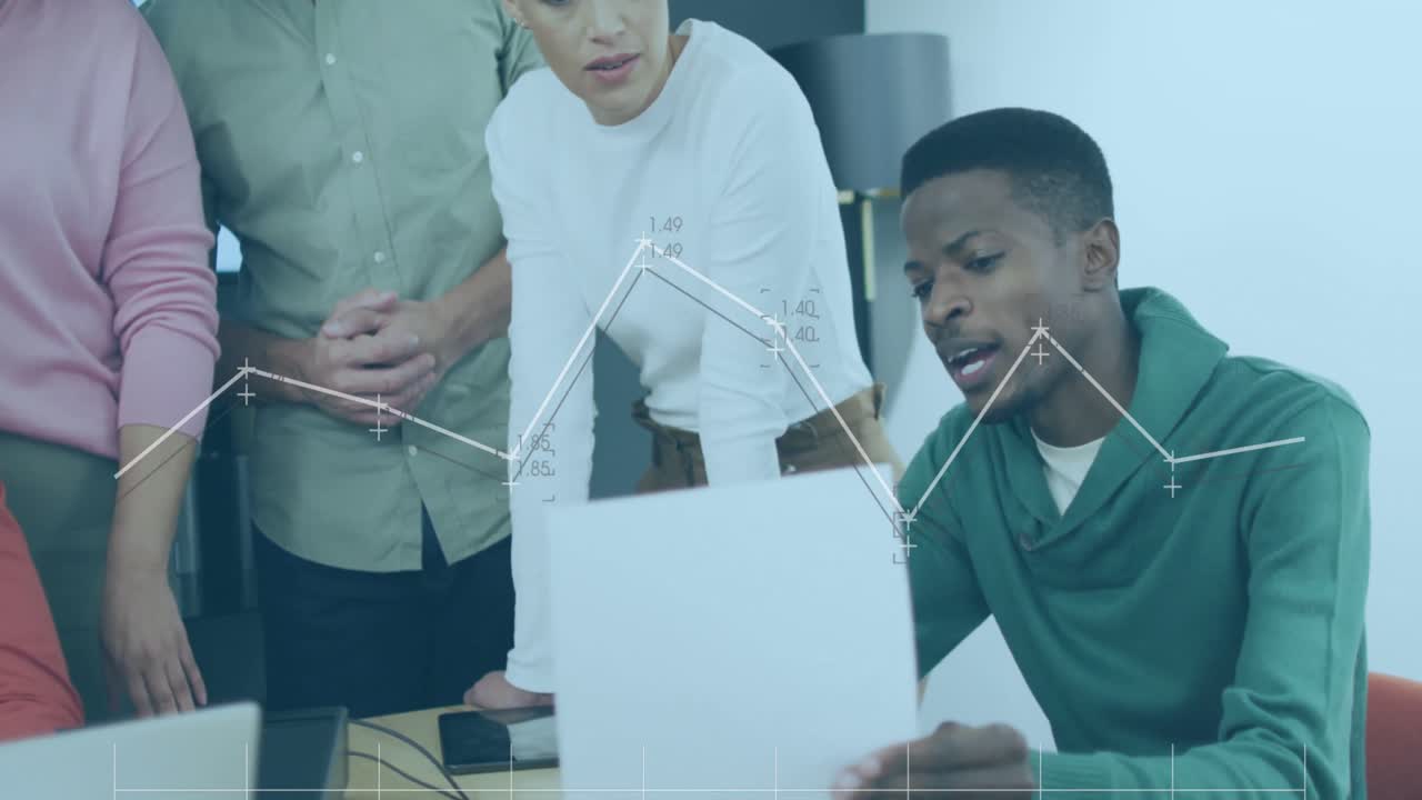 Animation of data processing over diverse business people working in office