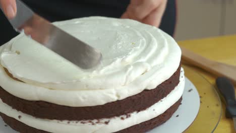 close up of woman hands making sweet cake with white cream and biscuit.