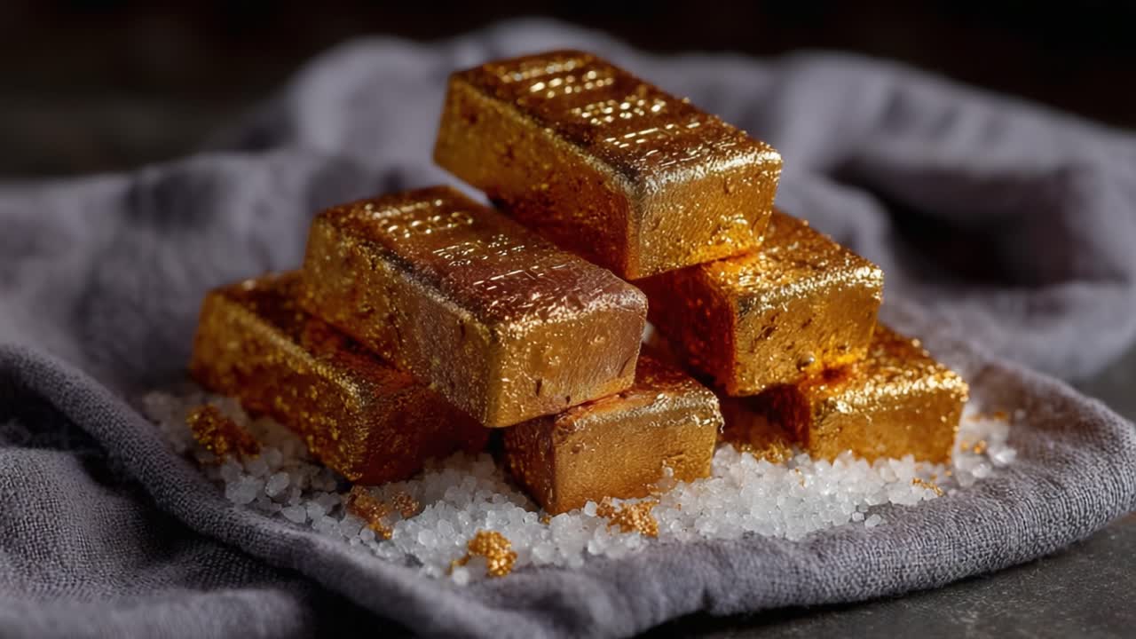 A Glamorous Display of Shimmering Gold Bars Piled on a Soft Cloth, Surrounded by a Sprinkling of Sea Salt in a Captivating Culinary Arrangement