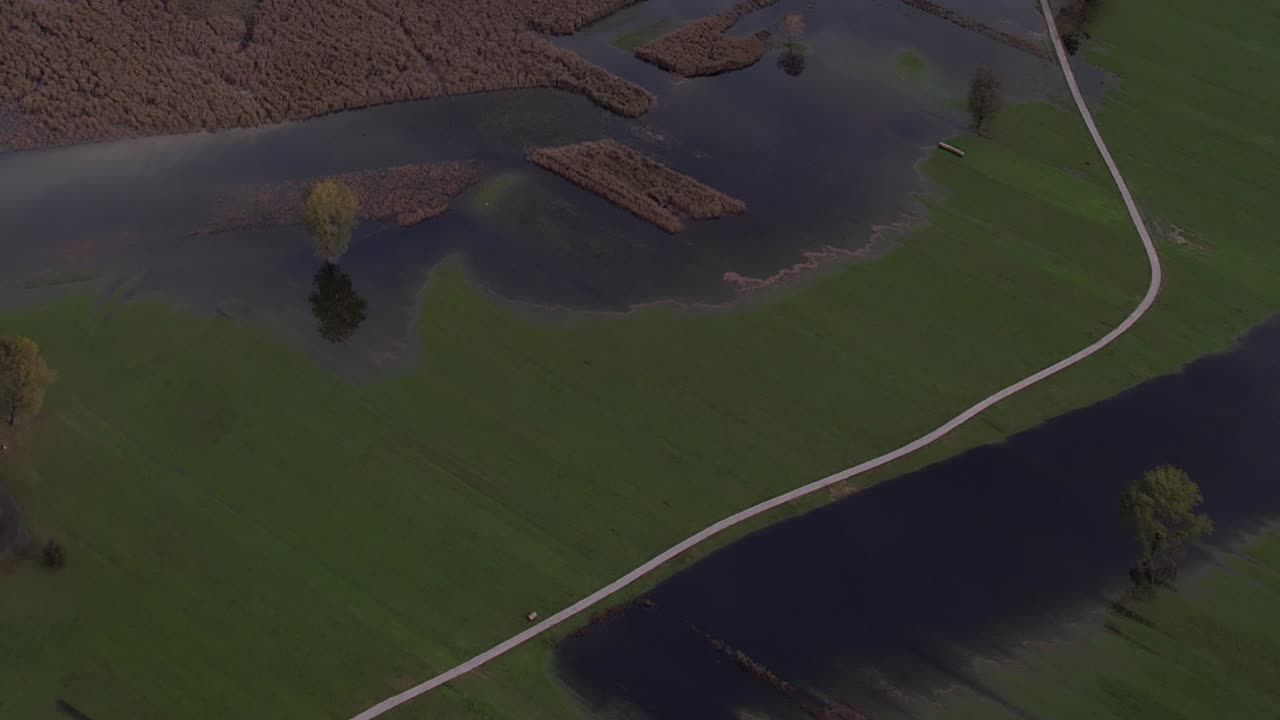 Drone view of lush green landscape with water features in the Alps, Italy
