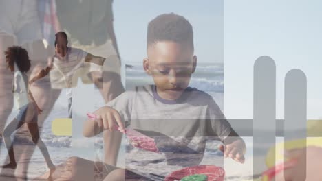 animación de formas sobre una familia afroamericana en la playa