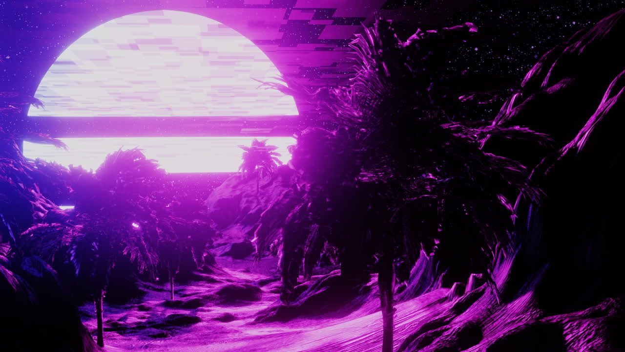 Spiaggia retro-futuristica con palma in luce rosa e tempo ventoso