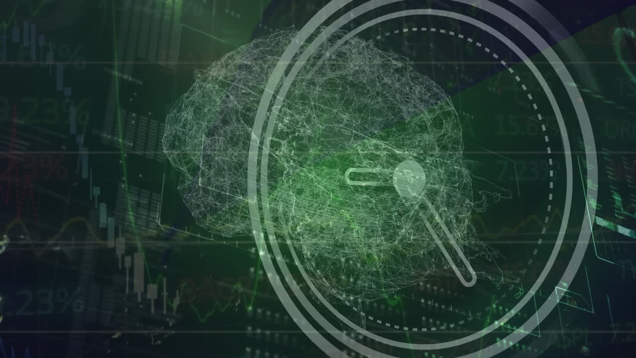 Animation of neon ticking clock and spinning human brain icon against interface with data processing