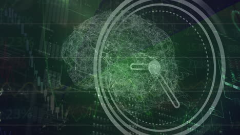 animación del reloj de neón y el icono del cerebro humano girando contra la interfaz con el procesamiento de datos