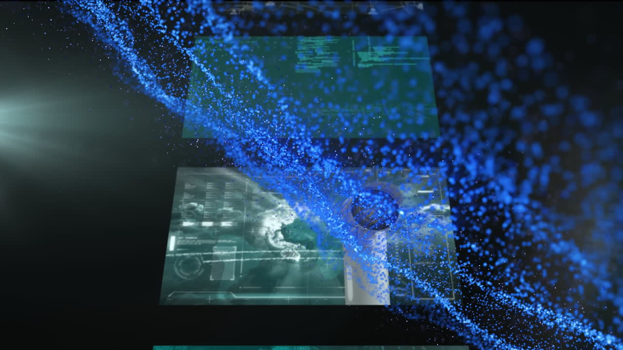 animación de partículas azules flotantes sobre el procesamiento de datos en cascada de pantallas de interfaz