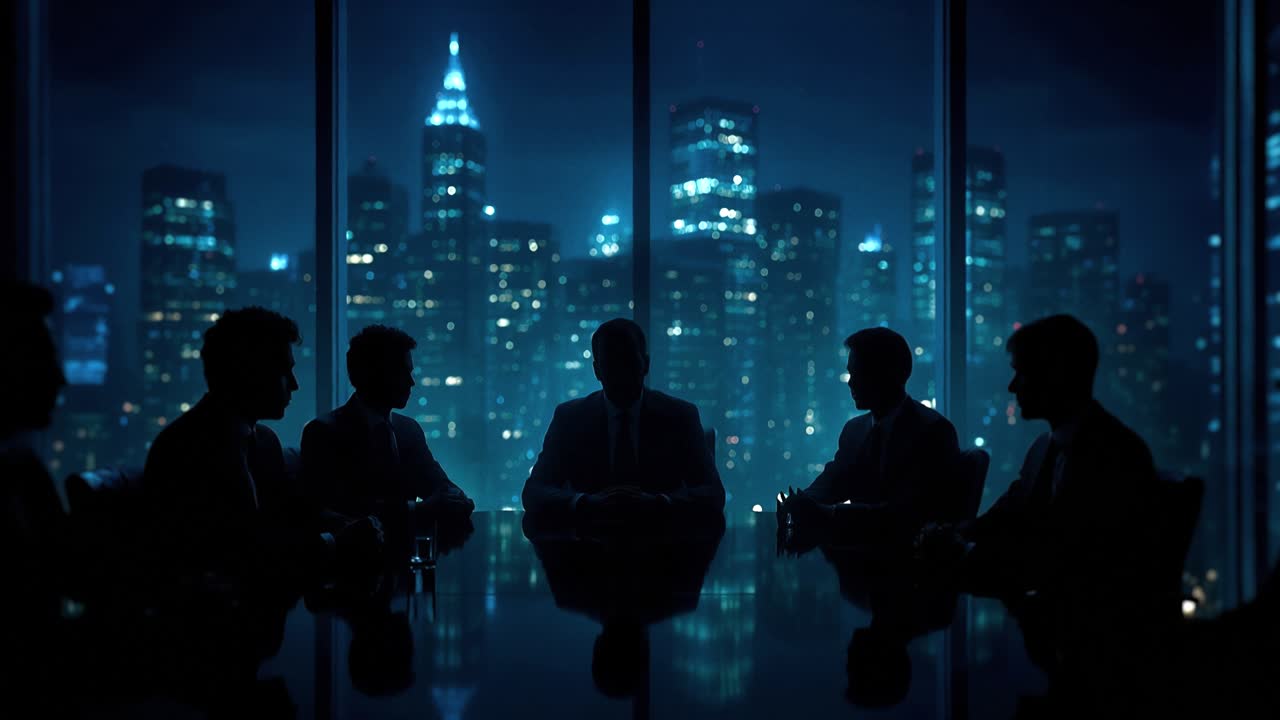Silhouettes of Business People Meeting in Conference Room with City Skyline at Night