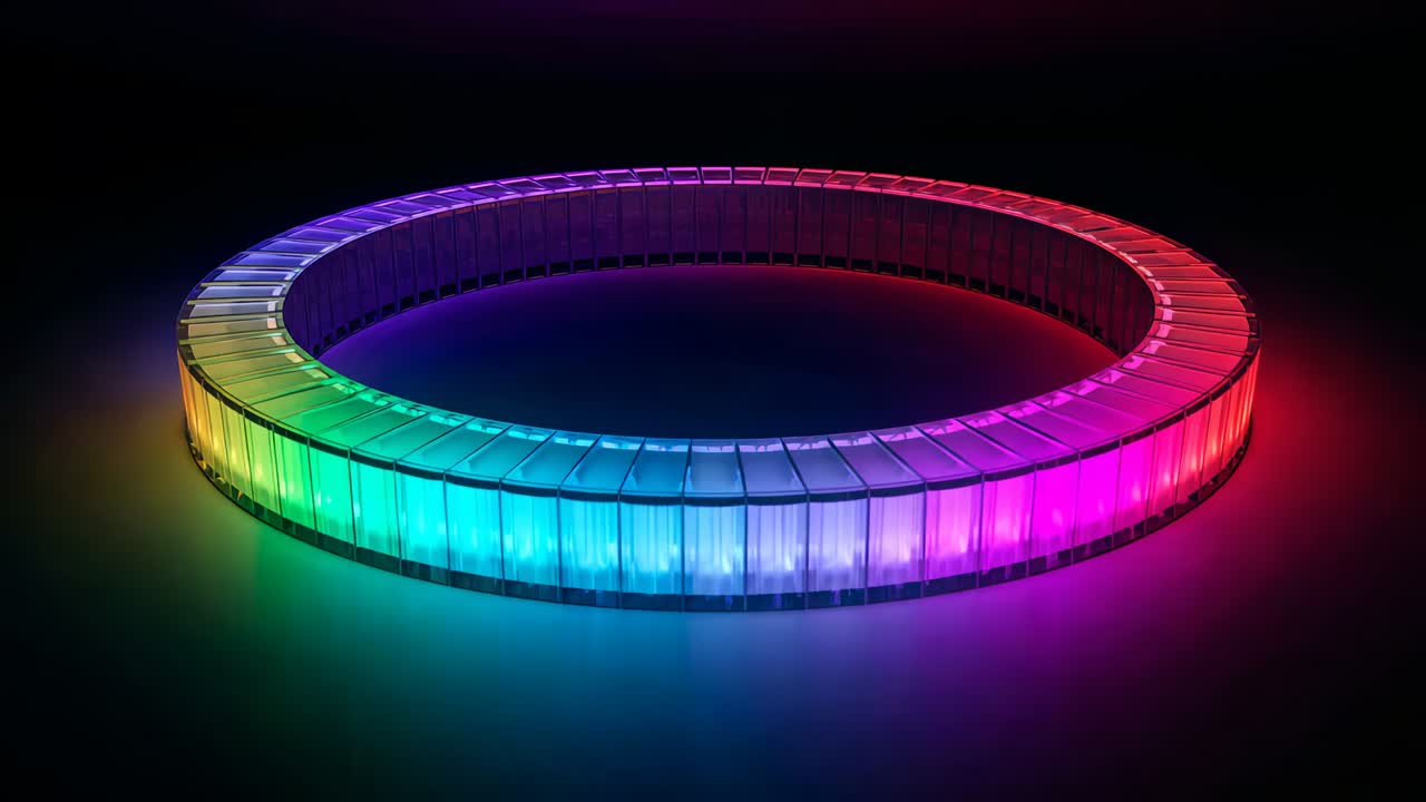 Signal starting segmented clear LED ring cycling vivid hues around dark table creating halo glow