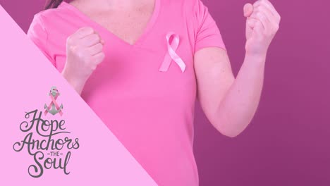 animation of breast cancer awareness text over caucasian woman