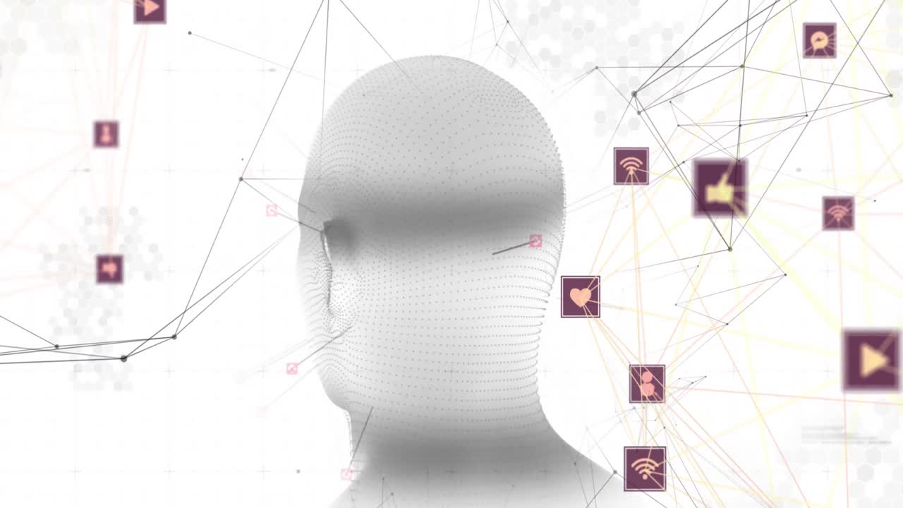 animación de la cabeza humana girando con redes de conexiones de interfaz digital