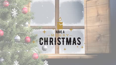 Animation-Eines-Frohen-Weihnachtstextes-Mit-Weihnachtsbaum-über-Winterlich-Verschneitem-Fenster