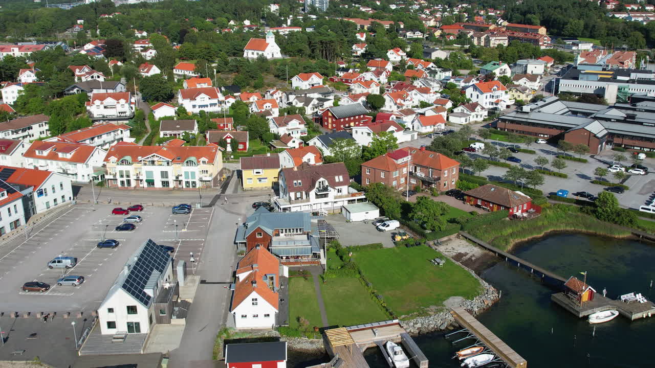 Residential area in Stenungsund with houses, parking, and a harbor area in view
