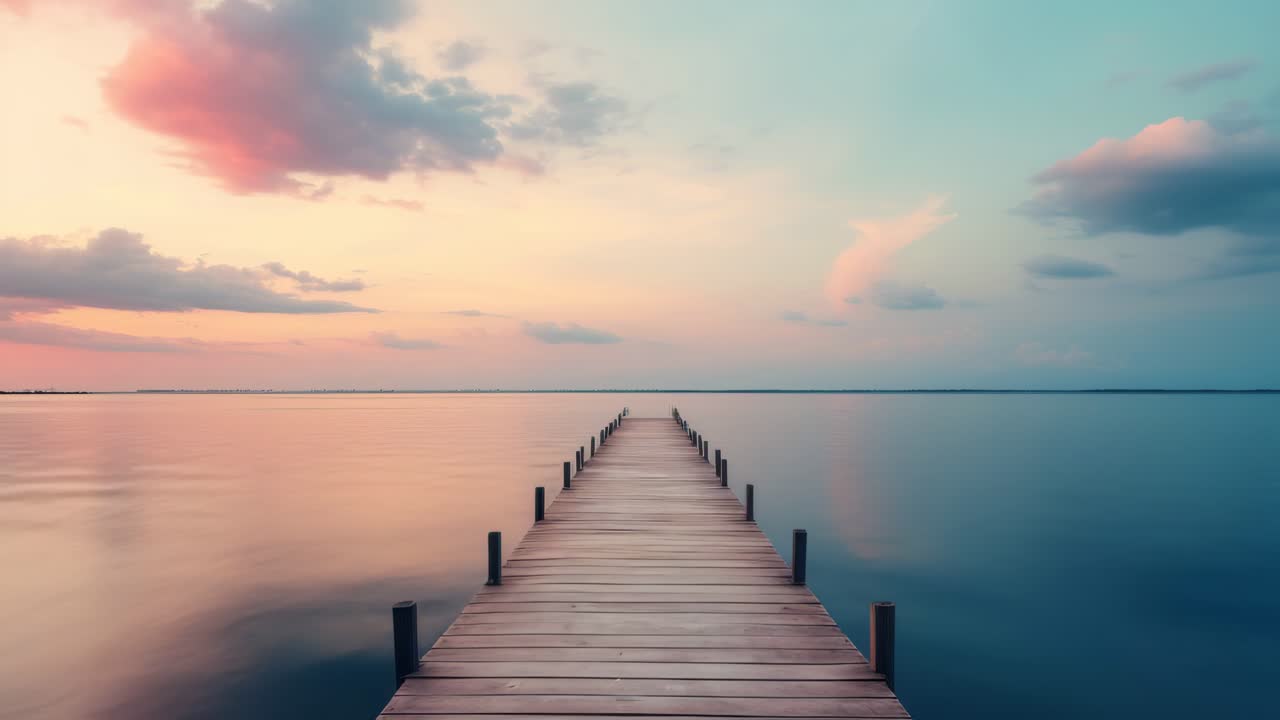 Serene sunset over a wooden pier extending into calm waters, captured from a low angle