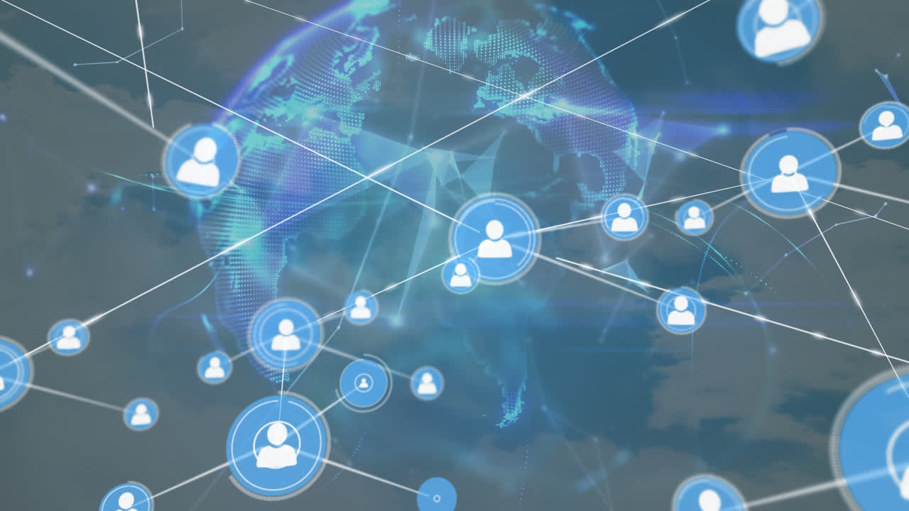 전 세계, 하늘과 구름에 있는 사람들과의 연결망의 애니메이션 아이콘