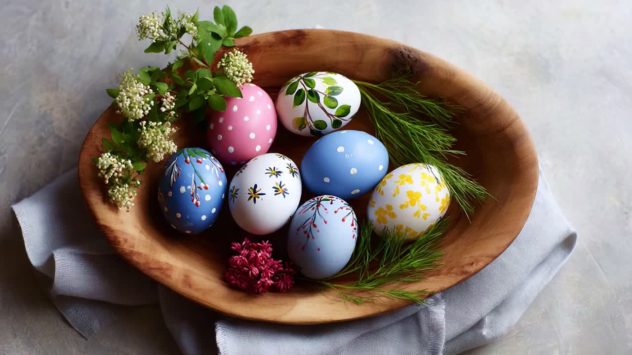 Colorful Decorated Easter Eggs in Wooden Bowl