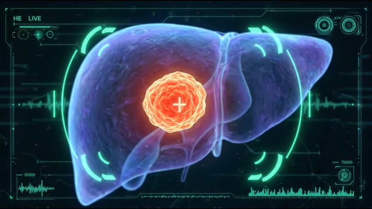 Blue liver hologram with circular orange focal area on dark background