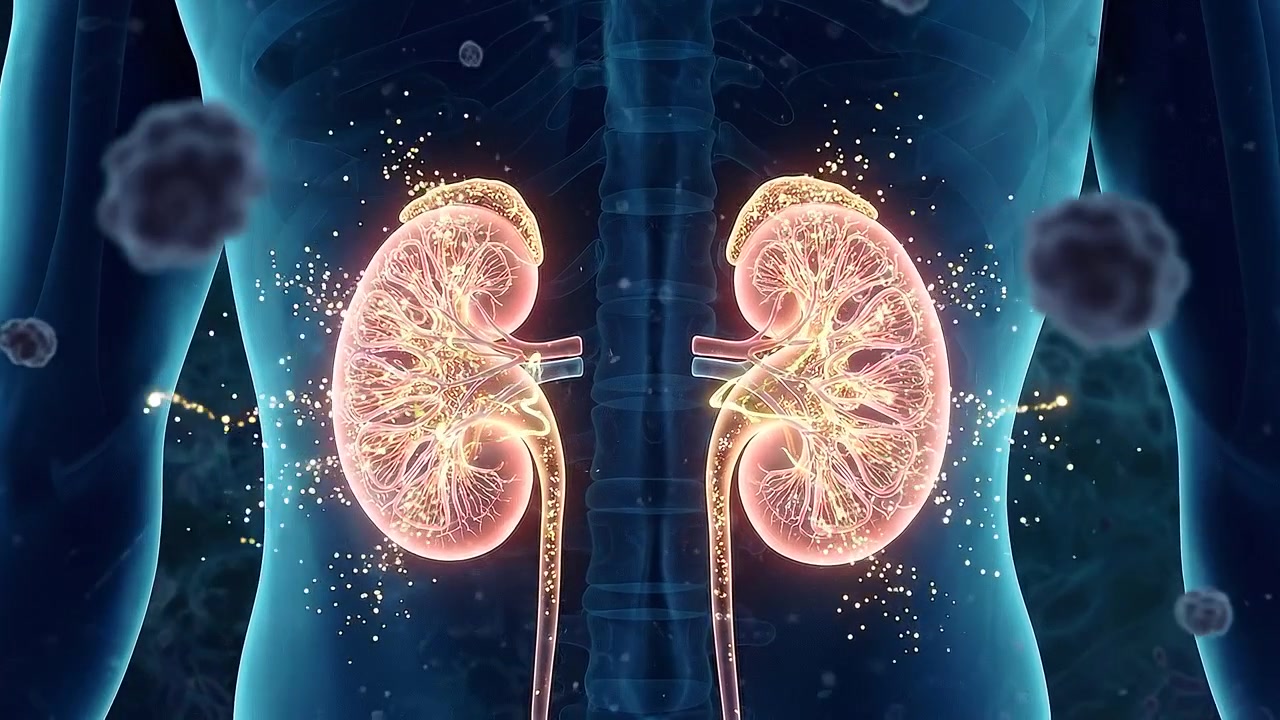 Human kidney anatomy visualization inside transparent torso medical render