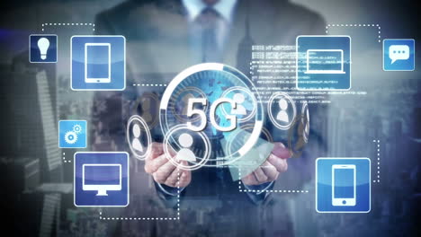 5g mostrado en un círculo con un hombre de negocios en el fondo