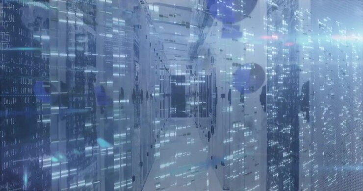 This video features a digital animation of data processing against a black background