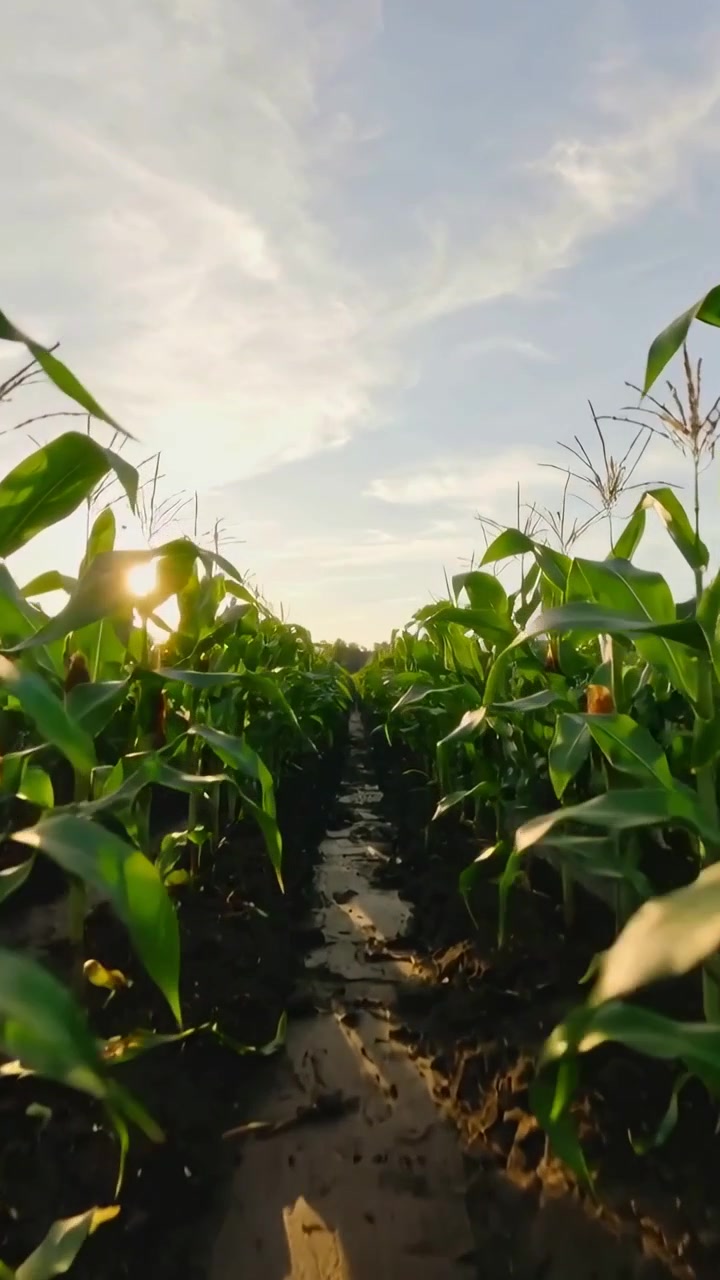 Video vertical: Cámara comenzando a deslizarse por la fila central de plantas de maíz en un campo, mostrando el sol.
