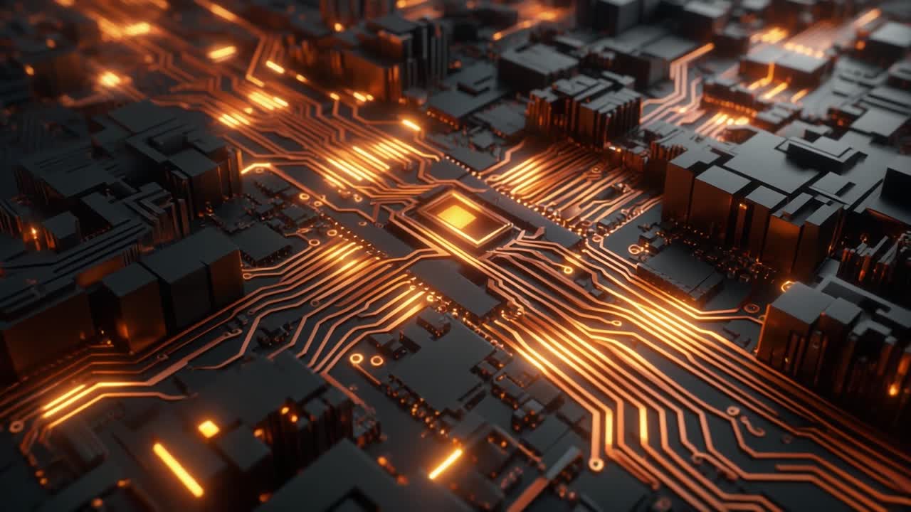 Digital Circuit Board with Glowing Orange Data Flow