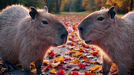 two capybaras in autumn leaves