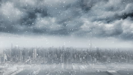 snow falling and cityscape