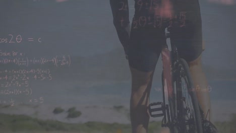 animación de ecuaciones matemáticas sobre un hombre caucásico montando en bicicleta