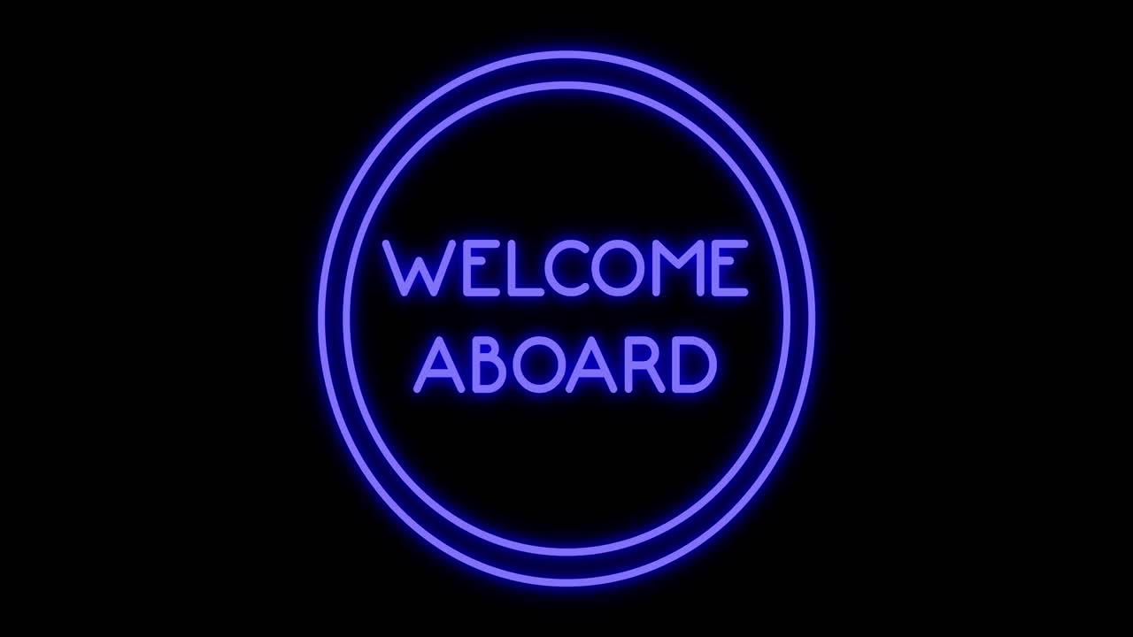 WELCOME ABOARD phrase in blue neon style on black background for your design tempates