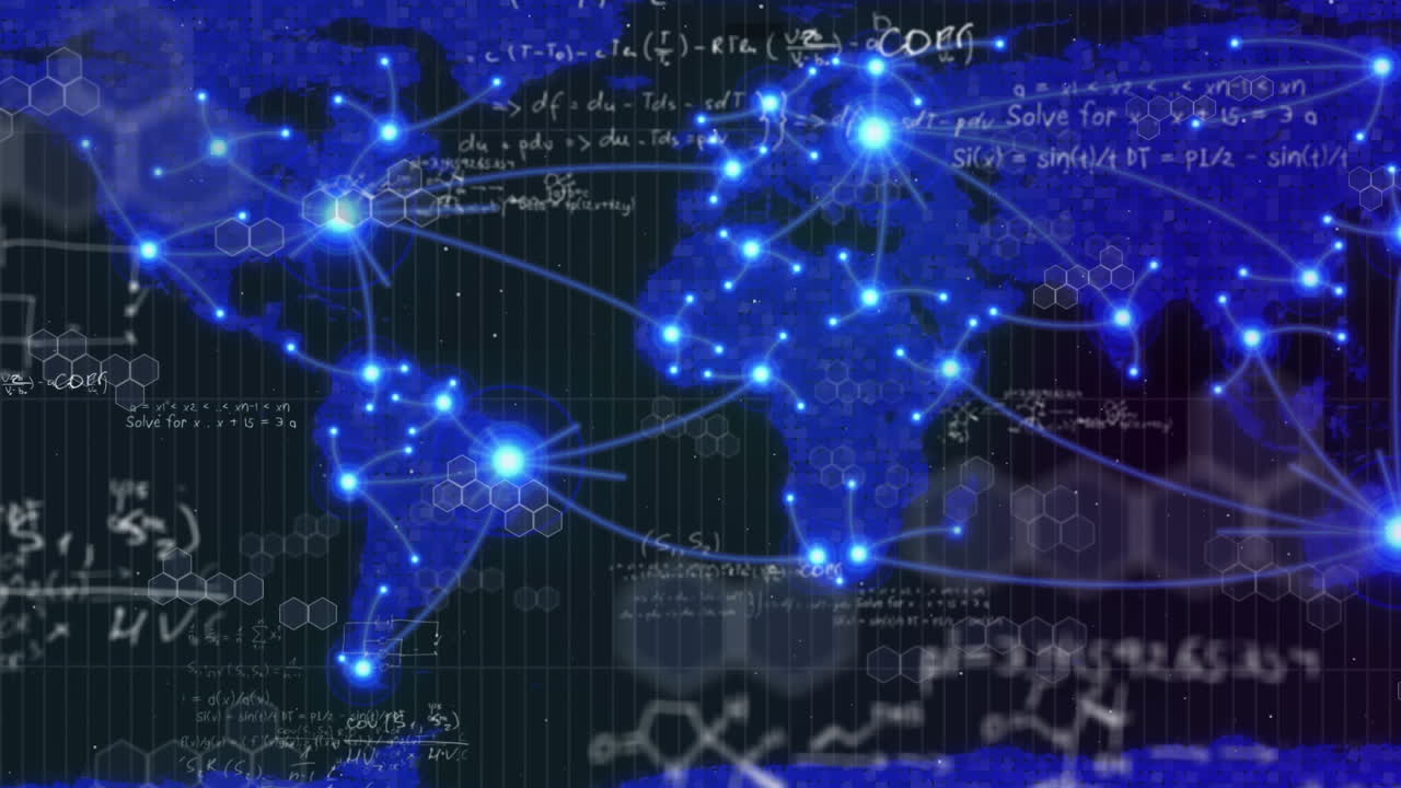 Digital animation depicts the global spread of COVID-19 with scientific formulas on a world map.