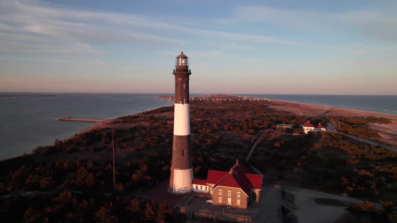 Fire Island Lighthouse, Robert Moses State Park, NY. Beautiful aerial panorama, 4K