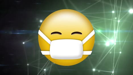 Digital-animation-of-face-emoji-wearing-a-mask-against-glowing-network-of-connections