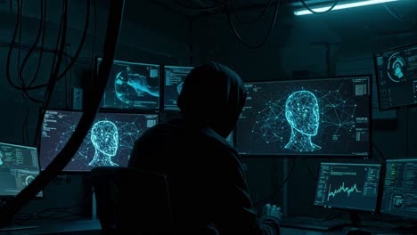 Exploring artificial intelligence in a high-tech lab environment with multiple screens displaying data analysis
