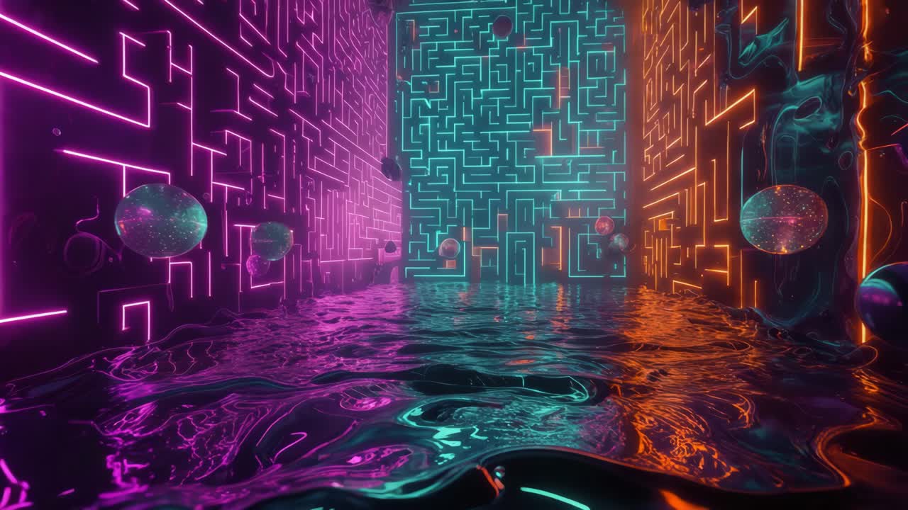 neonowy tunel labiryntowy z odbiciem cieczy