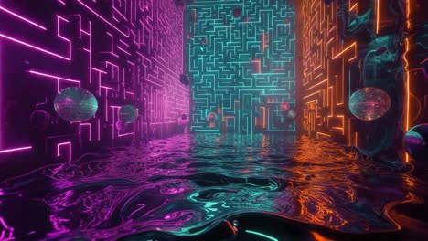 túnel de laberinto de neón con reflejo de líquido